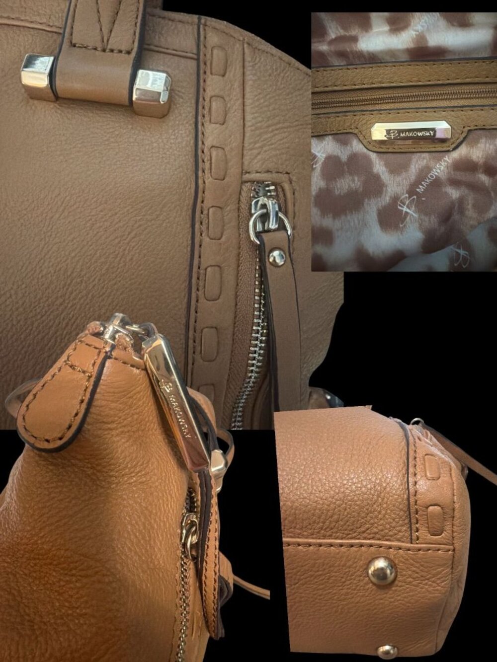 B Makowsky Shoulder Satchel Tan Pebbled Leather Brass Whipstitch Front Zip Bag - Picture 9 of 9
